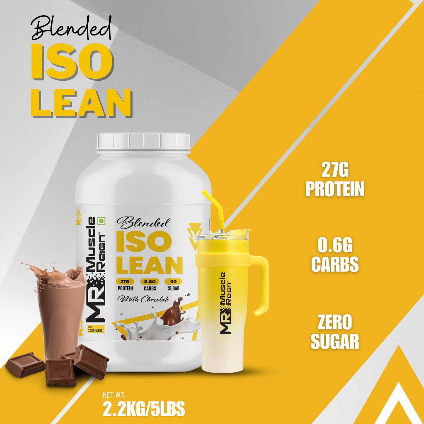 Muscle Reign ISO Lean protein powder in Vanilla Chocolate flavor with 27g protein and zero sugar