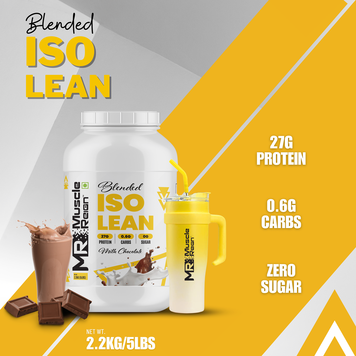 Muscle Reign ISO Lean protein powder in Vanilla Chocolate flavor with 27g protein and zero sugar