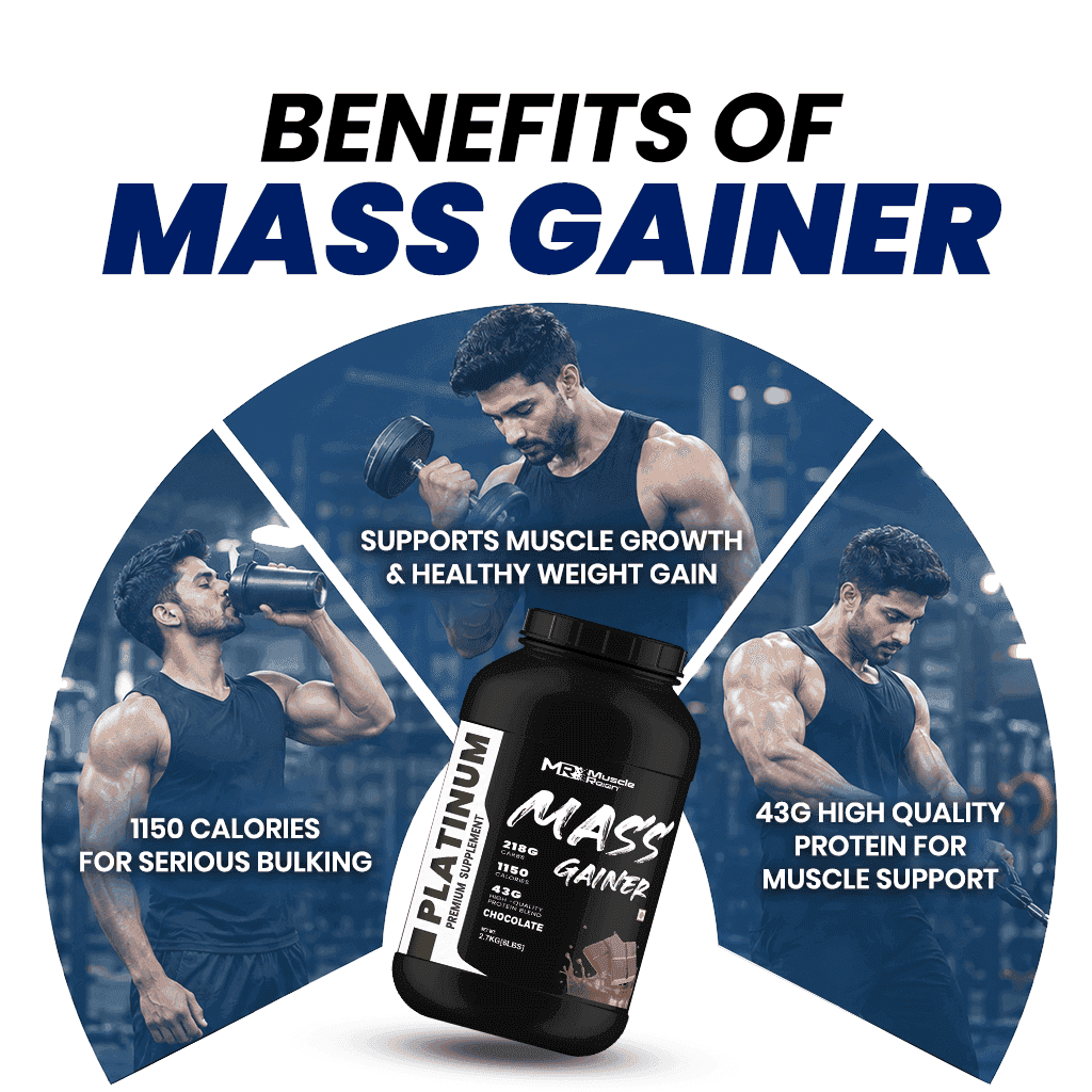 Muscle Reign Platinum Mass Gainer with 1150 calories and 43g protein to support muscle growth