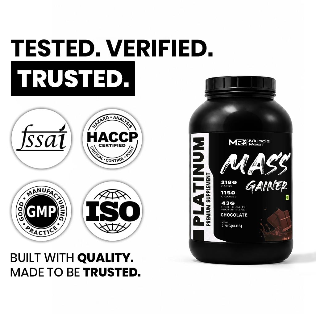 Muscle Reign Mass Gainer chocolate flavor bottle with quality certifications for premium nutrition