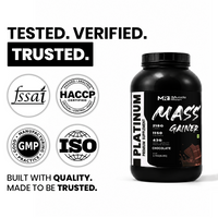Muscle Reign Mass Gainer chocolate flavor bottle with quality certifications for premium nutrition