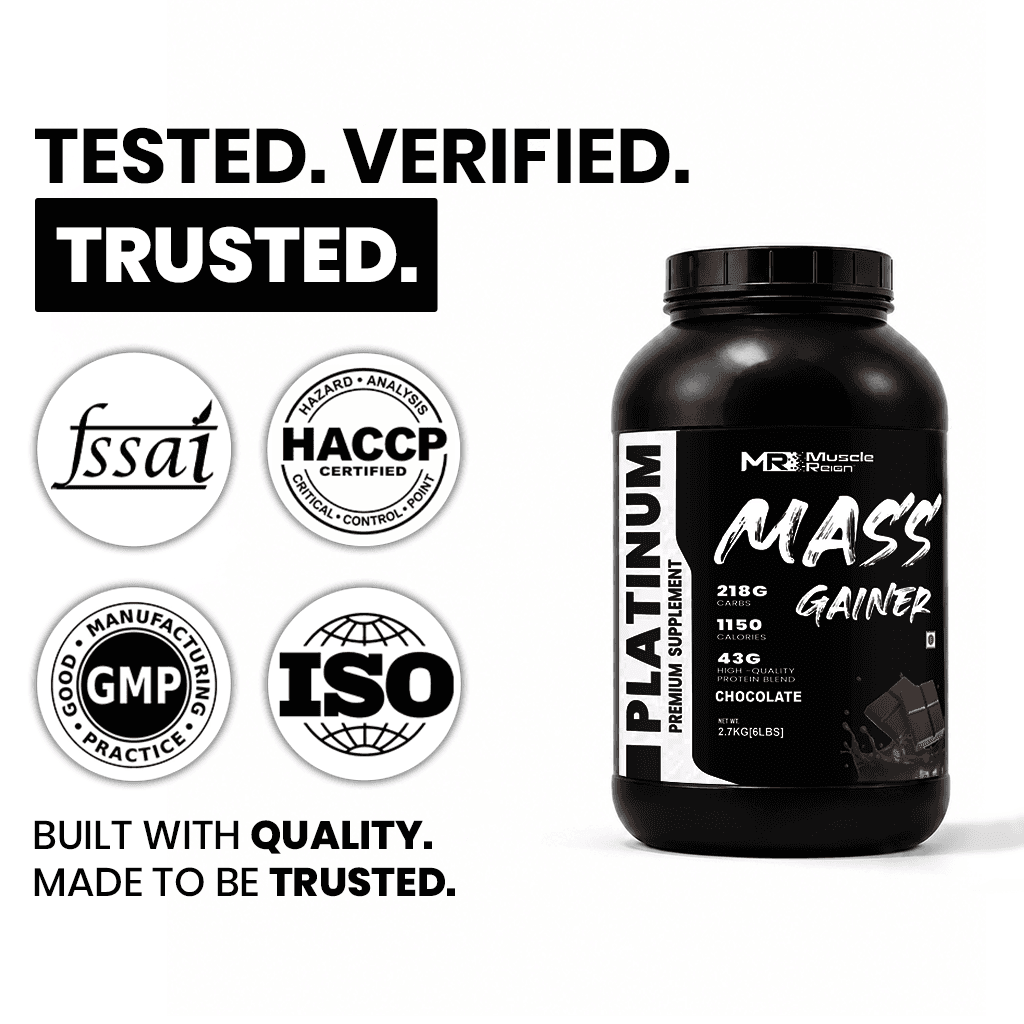 Muscle Reign Mass Gainer Chocolate Flavor in a Black Container with Certification Logos