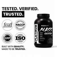 Muscle Reign Mass Gainer Chocolate Flavor in a Black Container with Certification Logos