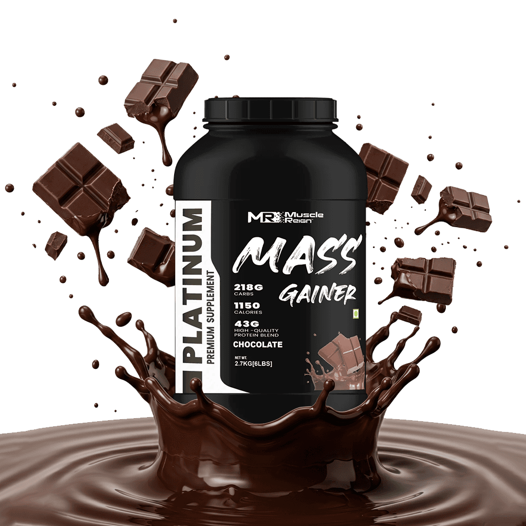 Muscle Reign Platinum Mass Gainer in Chocolate Flavor with Nutritional Information Displayed