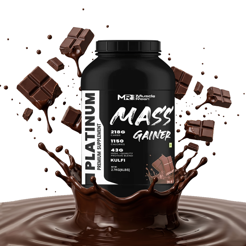 Muscle Reign Platinum Mass Gainer with 2180 calories and 430 grams of quality carbs in chocolate flavor