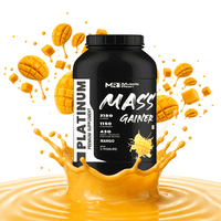 Muscle Reign Platinum Mass Gainer Supplement in Mango Flavor with Nutritional Highlights and Splash Effect