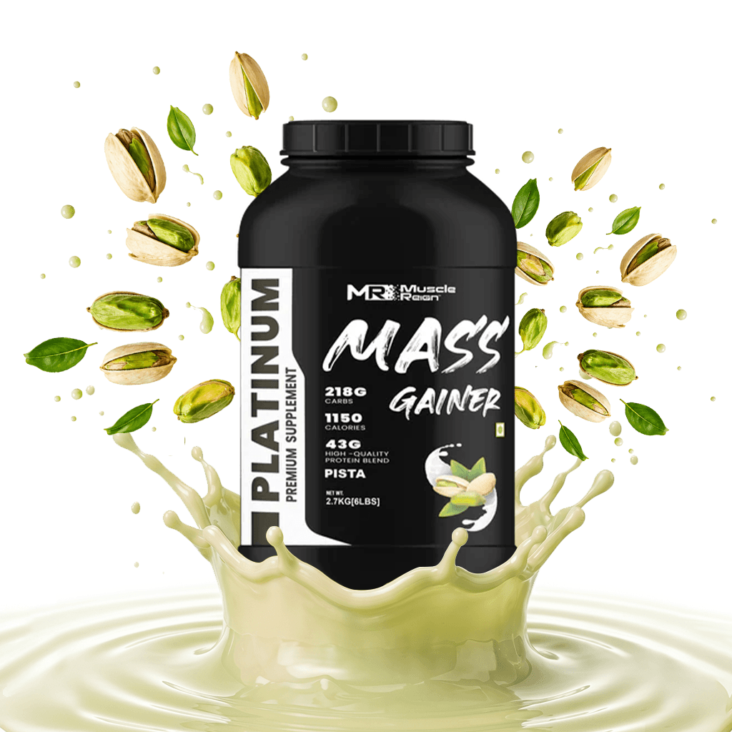 Muscle Reign Platinum Mass Gainer Protein Supplement with pistachio flavor and 2180 calories per serving