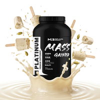 Muscle Reign Mass Gainer in Black Tub with Kulfi Flavor and Nutritional Information for Muscle Growth