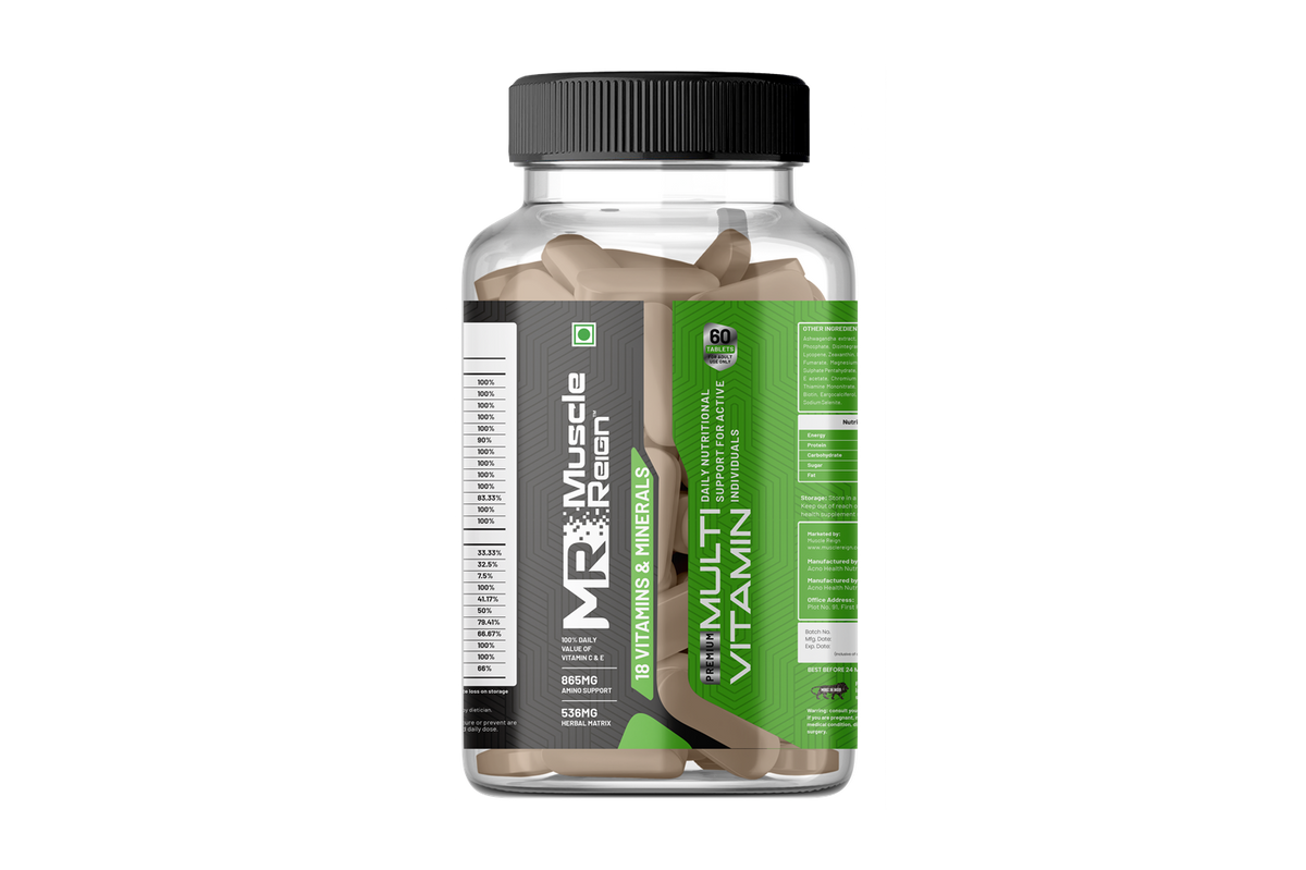 Muscle Reign multi-vitamin supplement bottle with 60 capsules for daily nutritional support