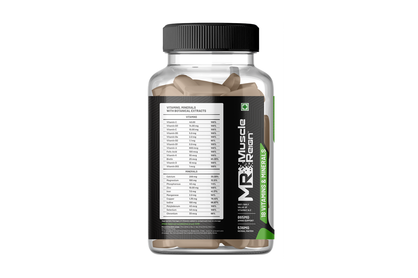 Muscle Reign Multi-vitamins in a clear bottle with detailed ingredient label for optimal health support