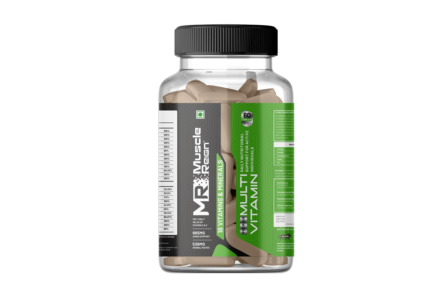Muscle Reign Multi-vitamins supplement bottle with 60 capsules for overall health support