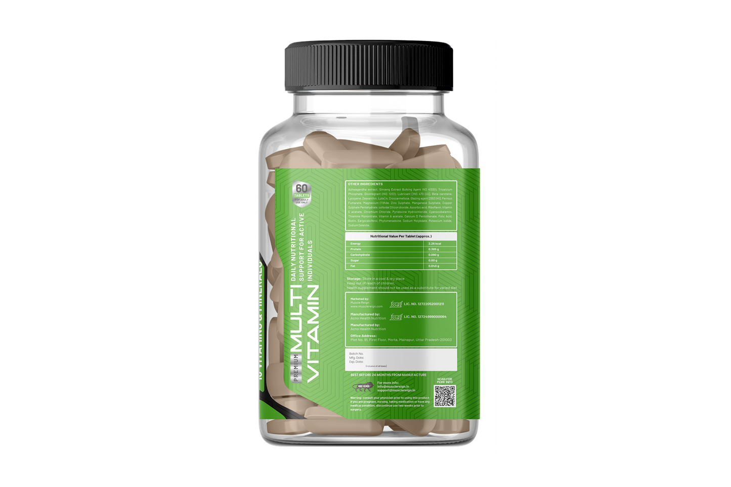 Muscle Reign Multi-vitamins in a clear bottle with 60 capsules for daily nutritional support
