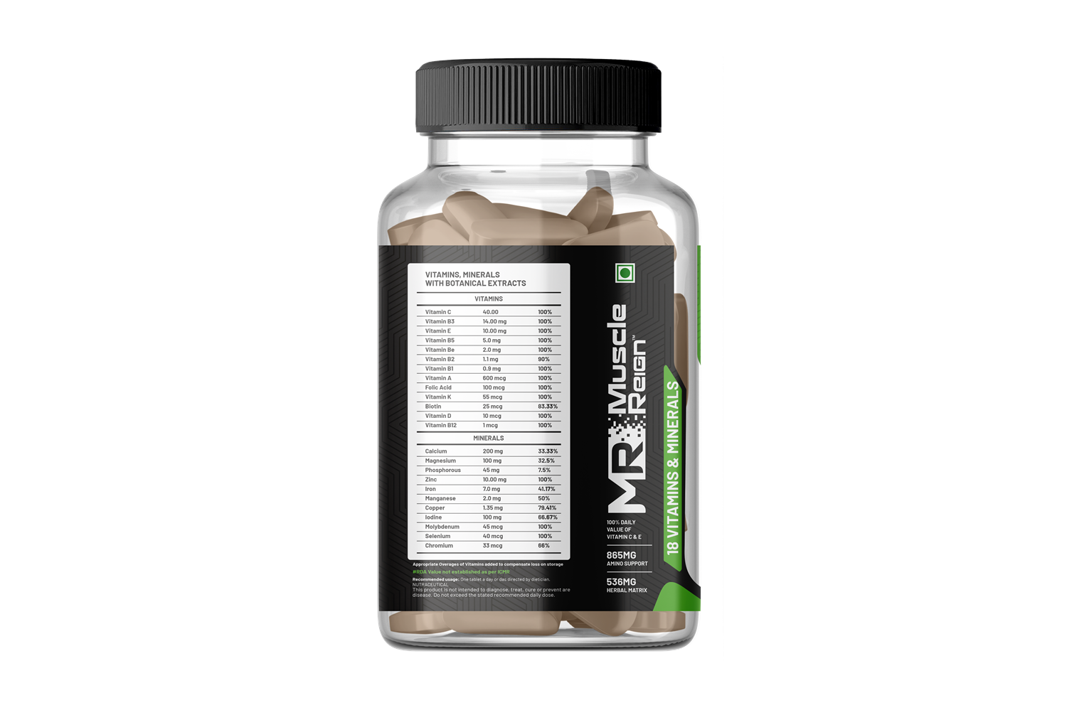 Muscle Reign multivitamin tablets in a clear bottle showcasing detailed supplement facts on the label