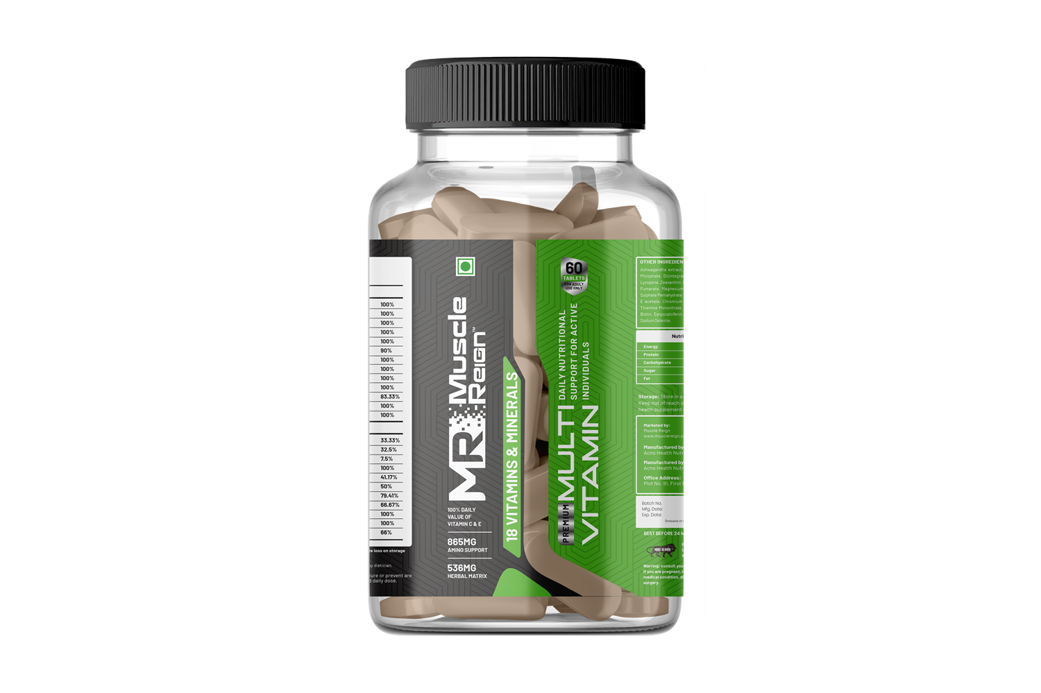 Muscle Reign multivitamin tablets in a clear bottle with a green label for daily nutritional support