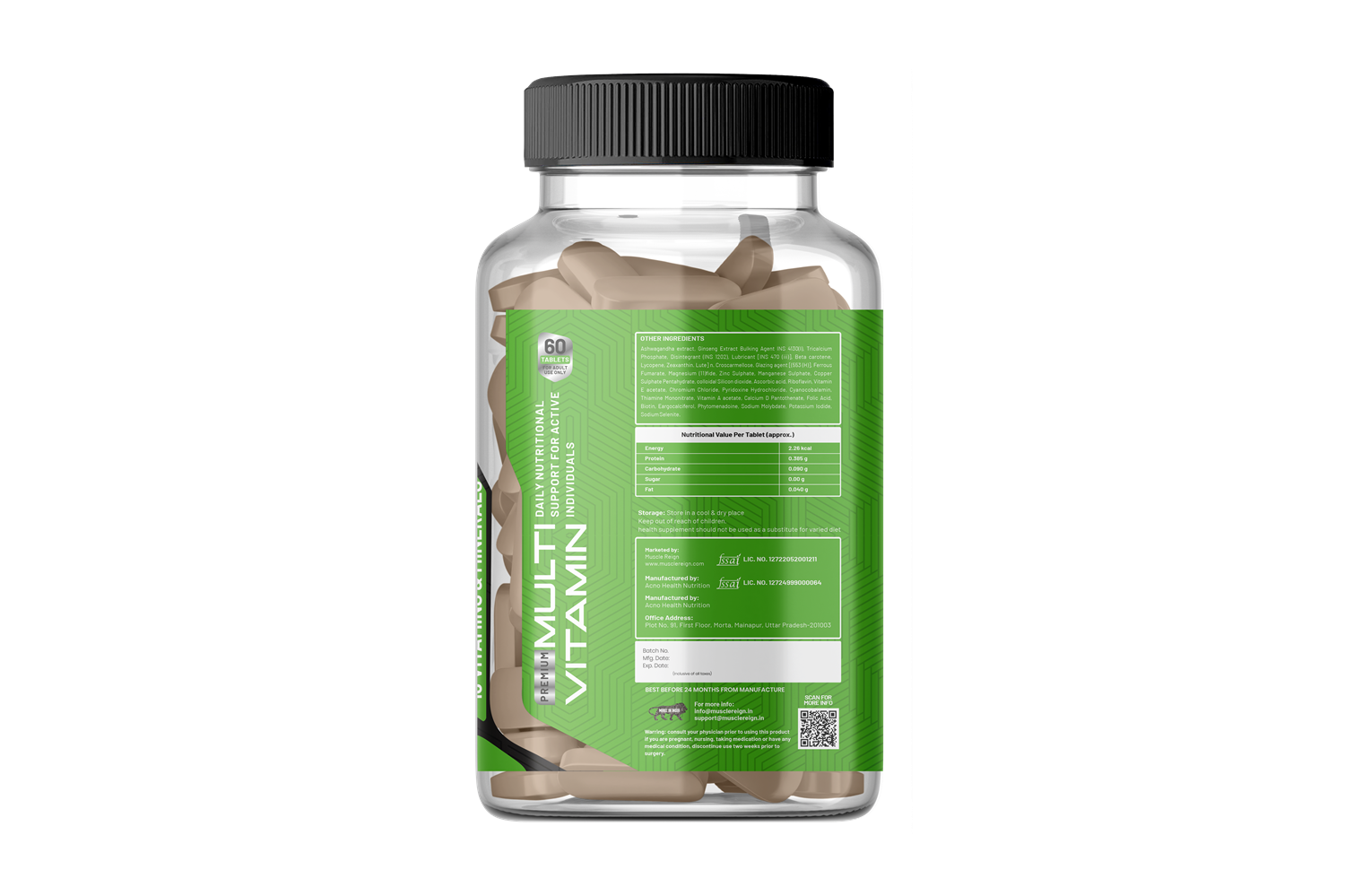 Muscle Reign multivitamin tablets in a clear bottle with green label, designed for daily nutritional support