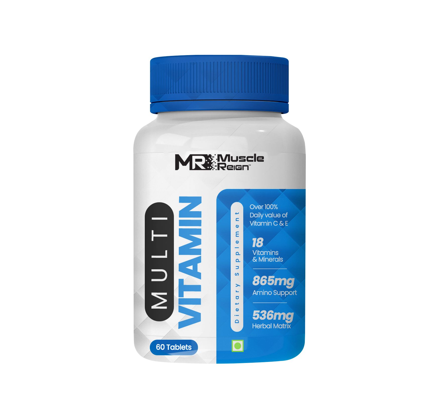 Muscle Reign multivitamin tablets in a 60-count bottle with essential vitamins and minerals for optimal health