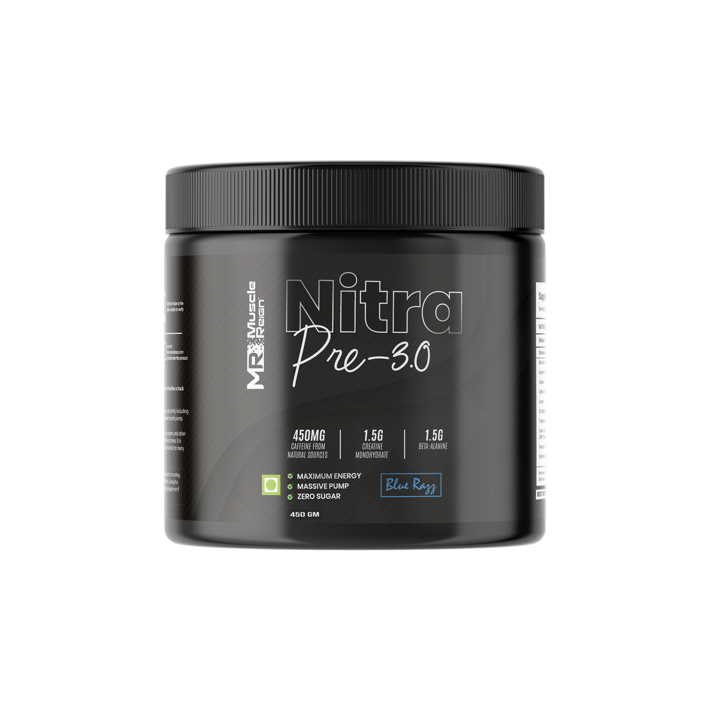 Muscle Reign Nitra Pre 3.0 pre workout supplement in Blue Razz flavor with energizing ingredients