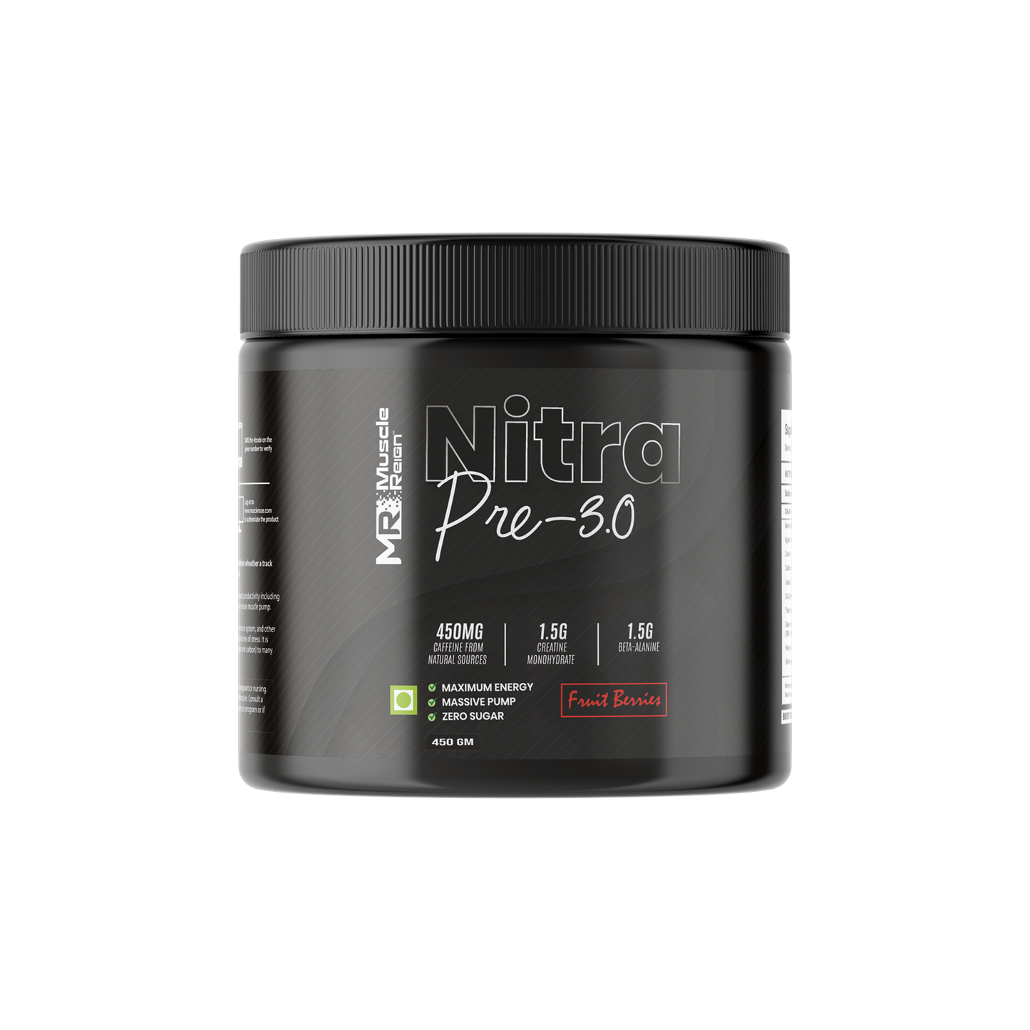 Muscle Reign Nitra Pre 3.0 pre workout supplement in a black container for enhanced energy and performance