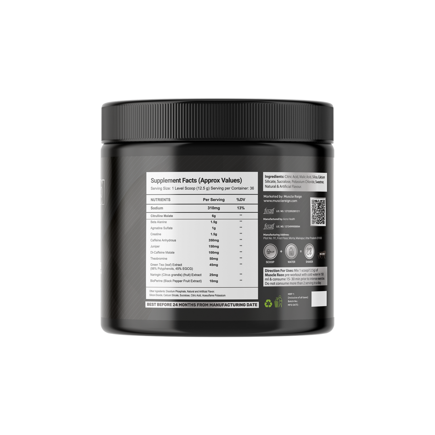 Muscle Reign Nitra Pre 3.0 pre workout supplement facts on a black tub