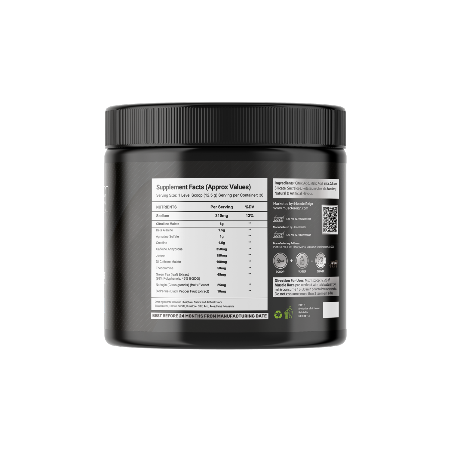 Muscle Reign Nitra Pre 3.0 pre workout supplement facts on a black tub