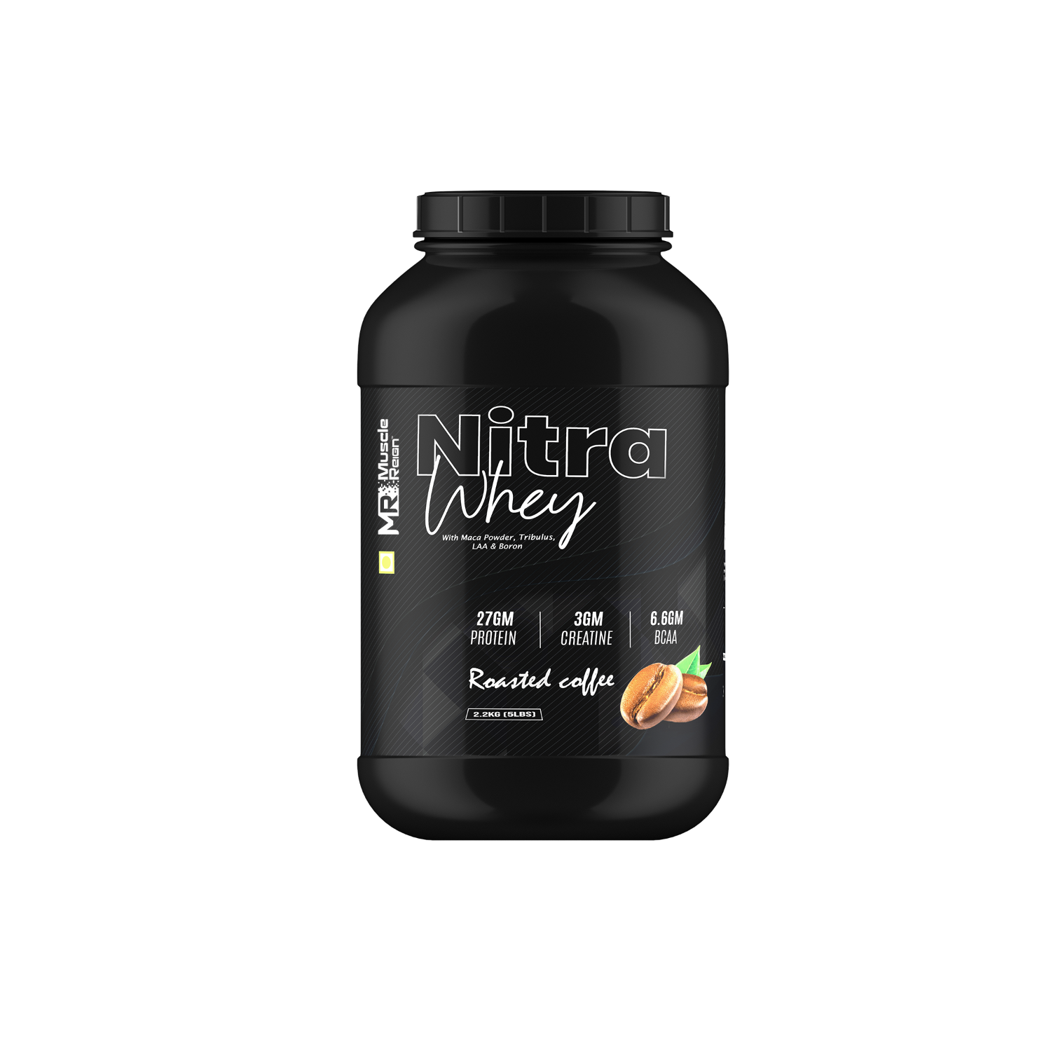 Muscle Reign Nitra Whey protein in roasted coffee flavor, featuring 27g protein and 36g creatine per serving