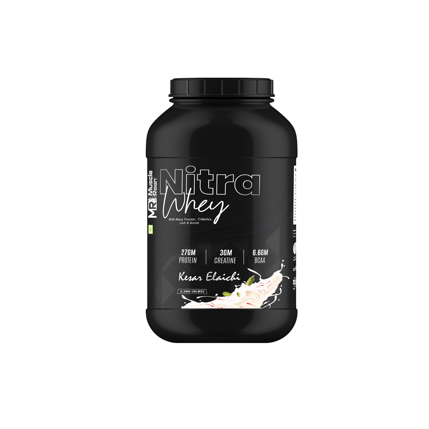 Muscle Reign Nitra Whey protein supplement in black container with 27g protein and 6.6g BCAA per serving