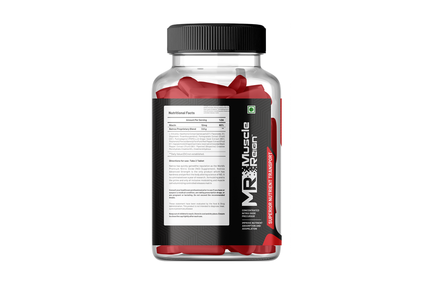 Muscle Reign Nitrox Food Supplements in a Clear Bottle with Red Capsules and Nutritional Facts Label