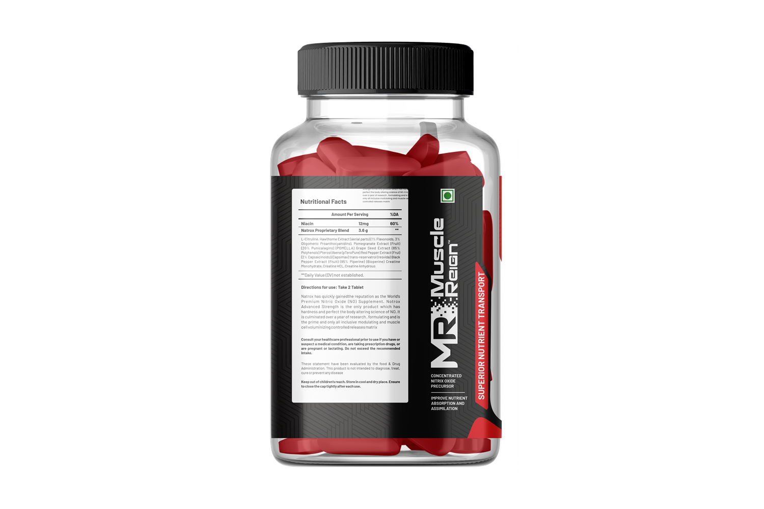 Muscle Reign Nitrox Food Supplements in a Clear Bottle with Red Capsules and Nutritional Facts Label