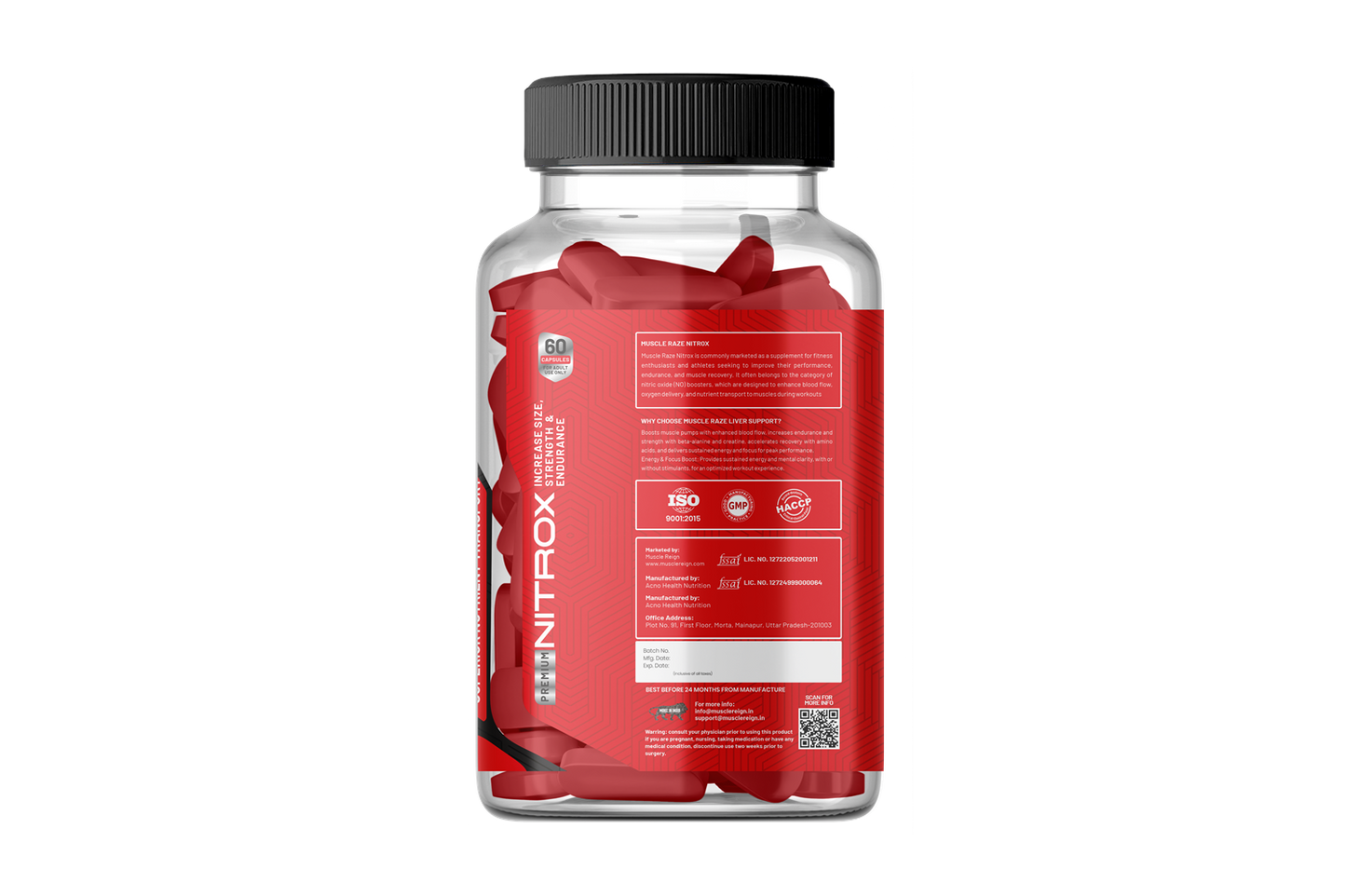Muscle Reign Nitrox Food Supplement Bottle with Red Capsules for Enhanced Performance
