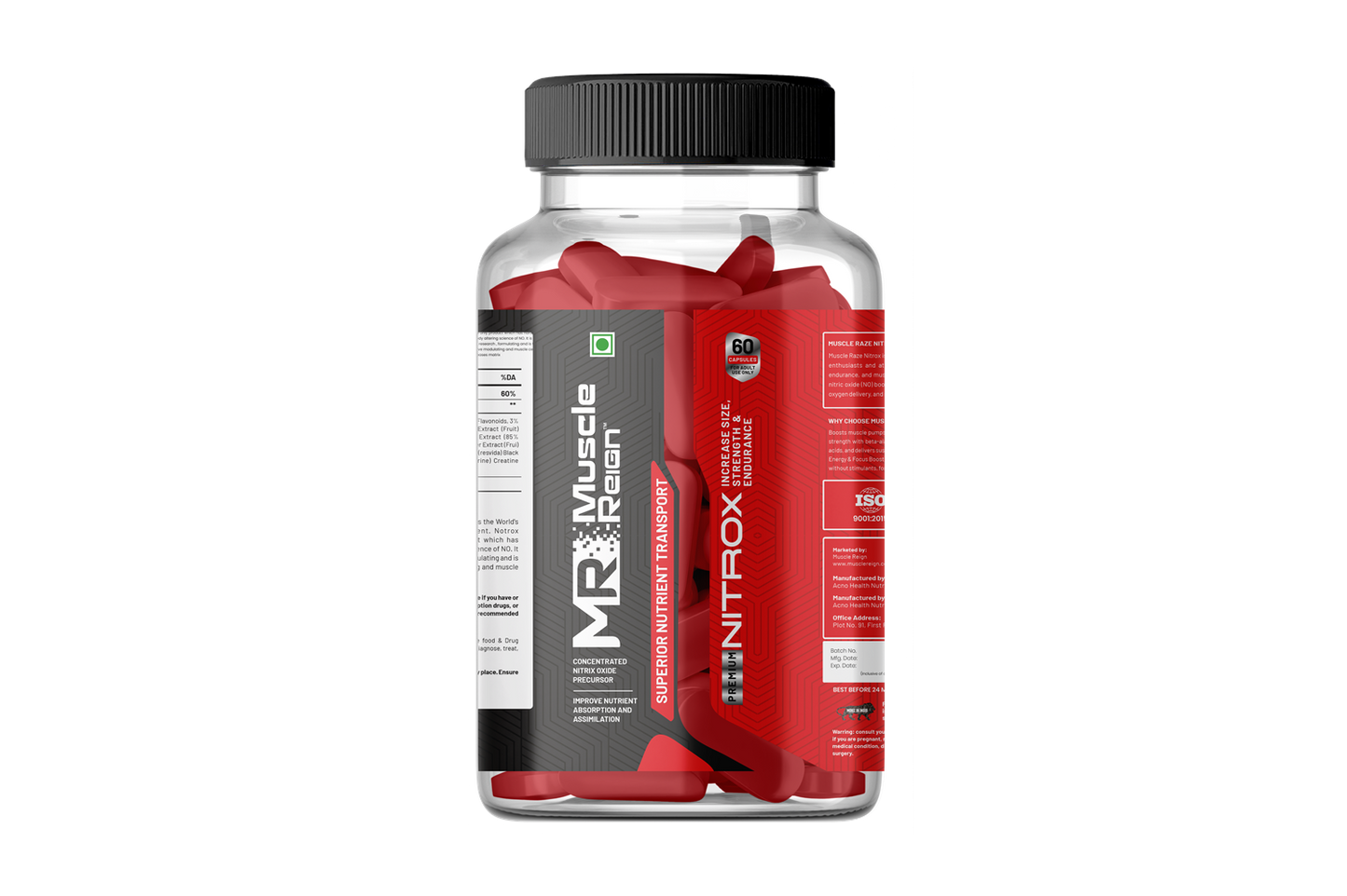 Muscle Reign Nitrox Food Supplements in a clear bottle for enhanced muscle performance and endurance