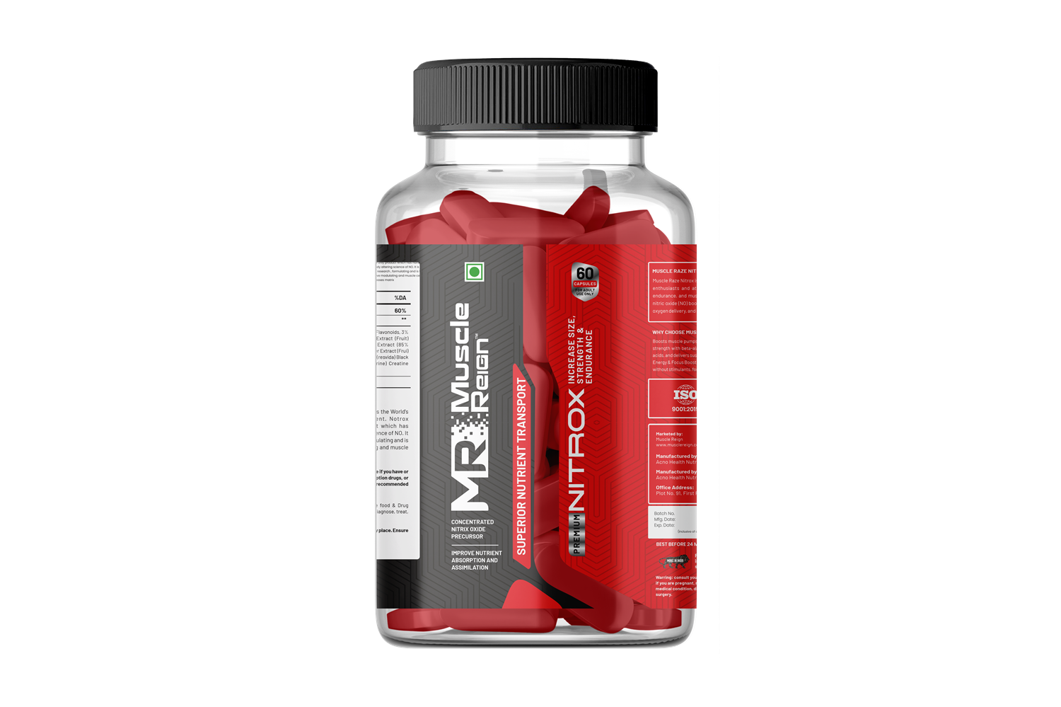Muscle Reign Nitrox Food Supplements in a clear bottle for enhanced muscle performance and endurance