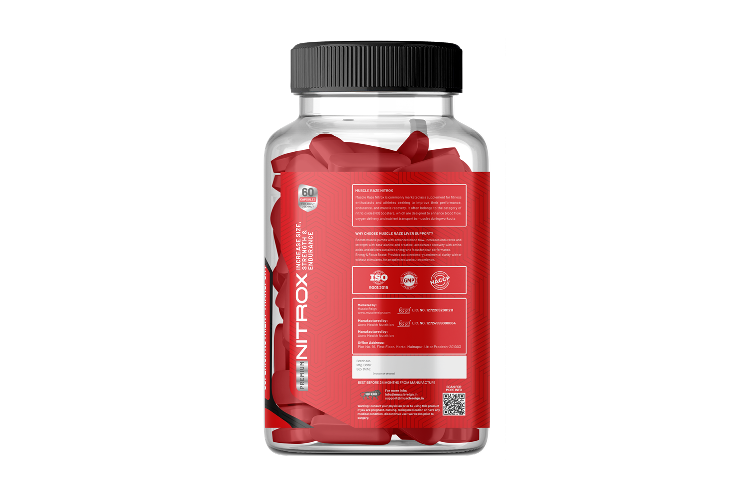 Muscle Reign Nitrox tablets in a clear bottle with a red label for enhanced athletic performance