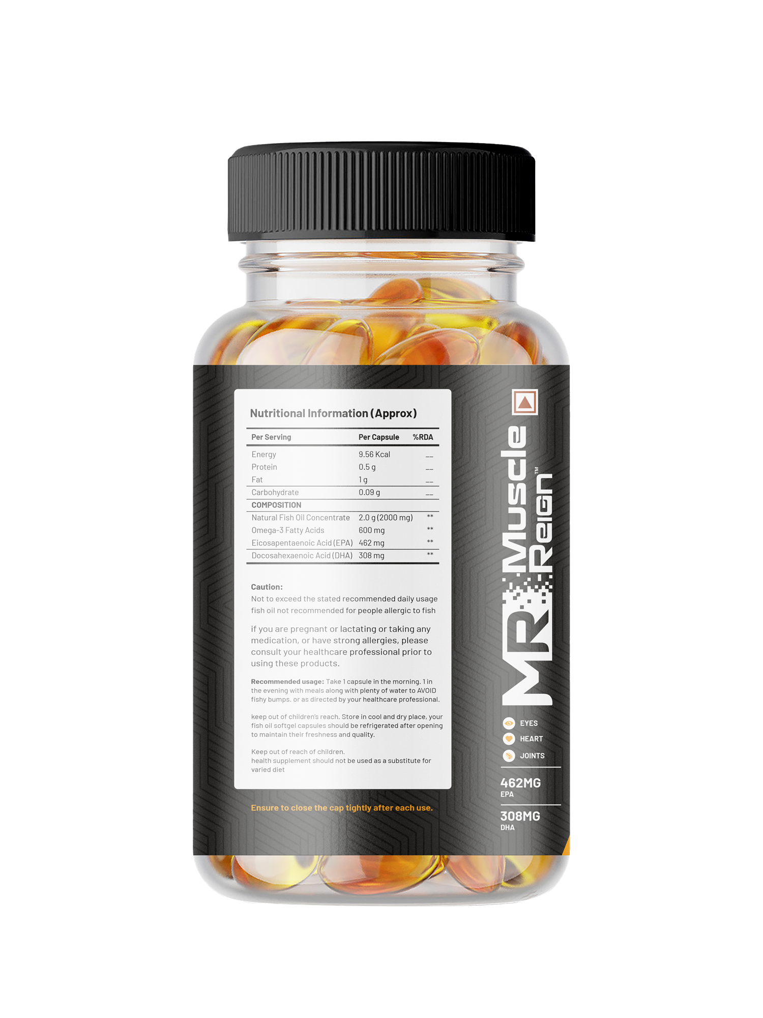 Muscle Reign omega 3 fish oil supplements in a clear bottle showcasing softgel capsules.