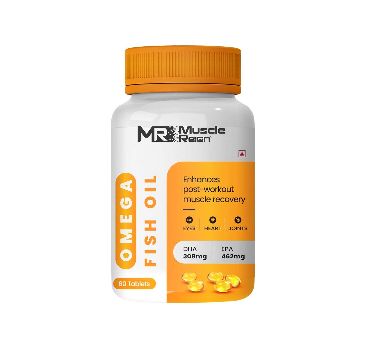 Muscle Reign omega 3 fish oil supplements in a bottle with 60 tablets for muscle recovery and joint health