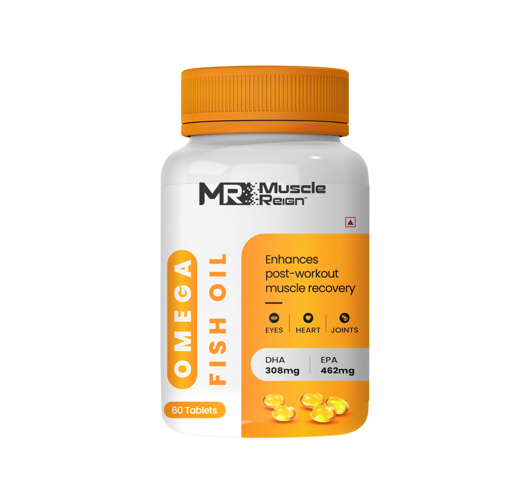 Muscle Reign omega 3 fish oil supplements in a bottle with 60 tablets for muscle recovery and joint health