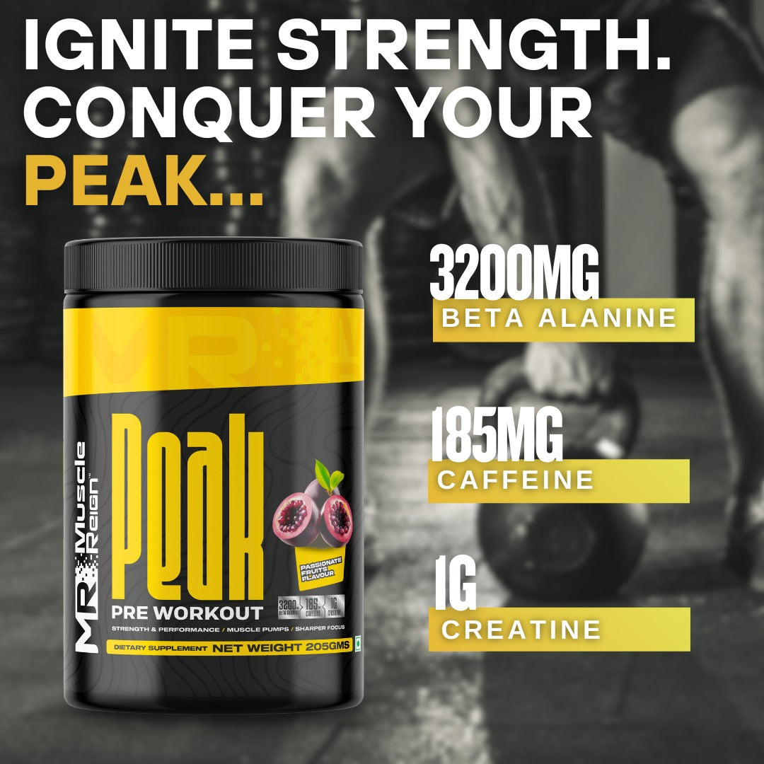 Muscle Reign Peak pre workout powder with 3200MG beta alanine and 185MG caffeine for enhanced performance
