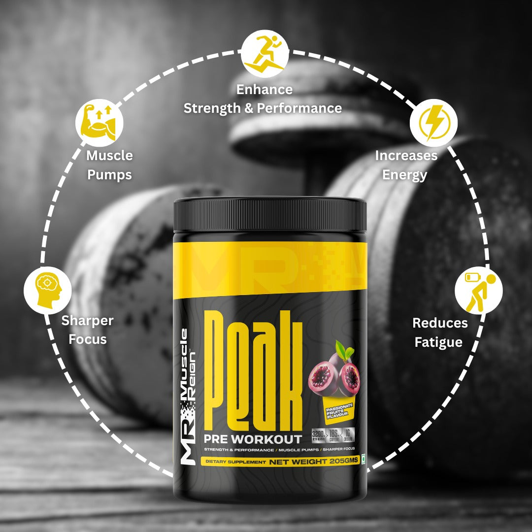 Muscle Reign Peak pre workout powder in a black container with performance-enhancing benefits and vibrant design