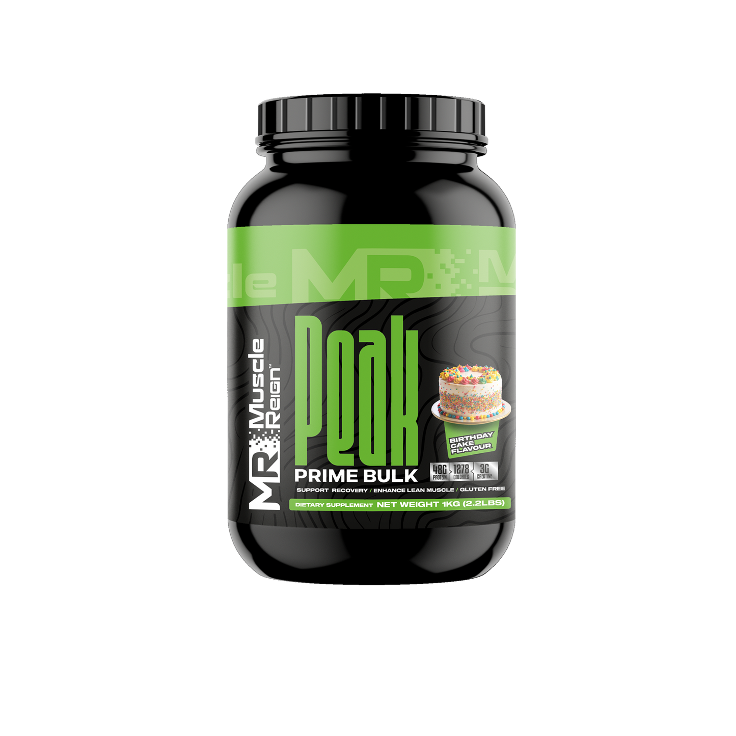 Muscle Reign Peak Prime Bulk 1kg protein supplement in a black container with colorful label for muscle gain.