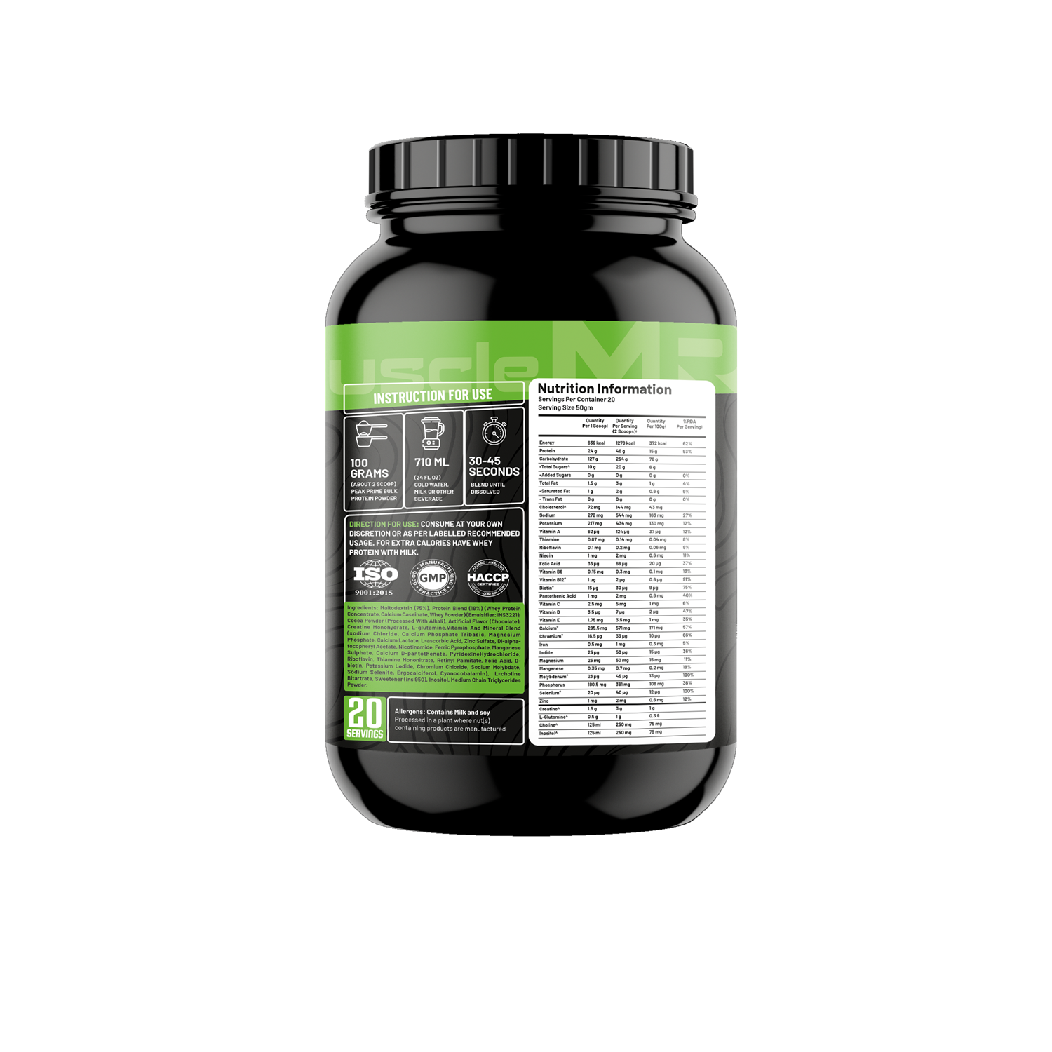 Muscle Reign Peak Prime Bulk 1kg protein supplement bottle with detailed nutritional information on the label