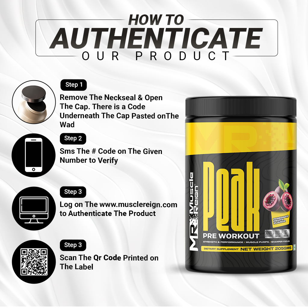 Muscle Reign Peak Pre-Workout Supplement with authentication steps shown on the packaging