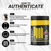 Muscle Reign Peak Pre-Workout Supplement with authentication steps shown on the packaging