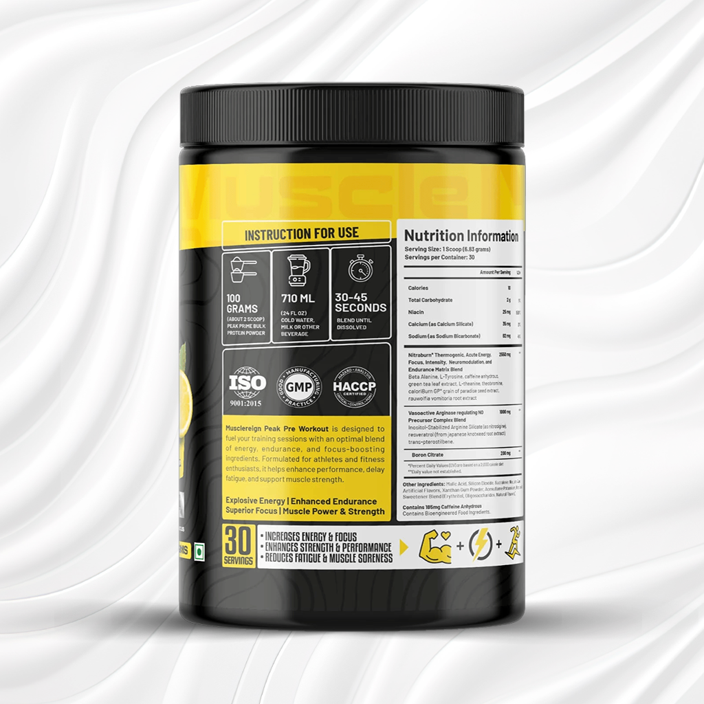 Muscle Reign Pre-Workout Supplement Container with Nutrition Facts and Usage Instructions