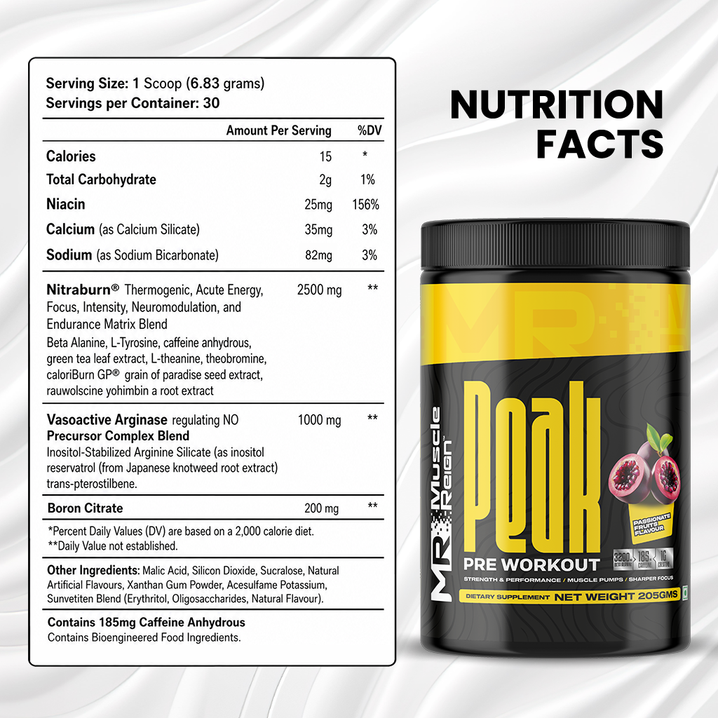 Muscle Reign Peak Pre-Workout Supplement Jar with Nutrition Facts and Ingredients Overview