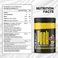 Muscle Reign Peak Pre-Workout Supplement Jar with Nutrition Facts and Ingredients Overview