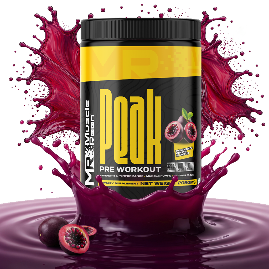Muscle Reign Peak Pre-Workout Supplement with a vibrant design and splash of juice