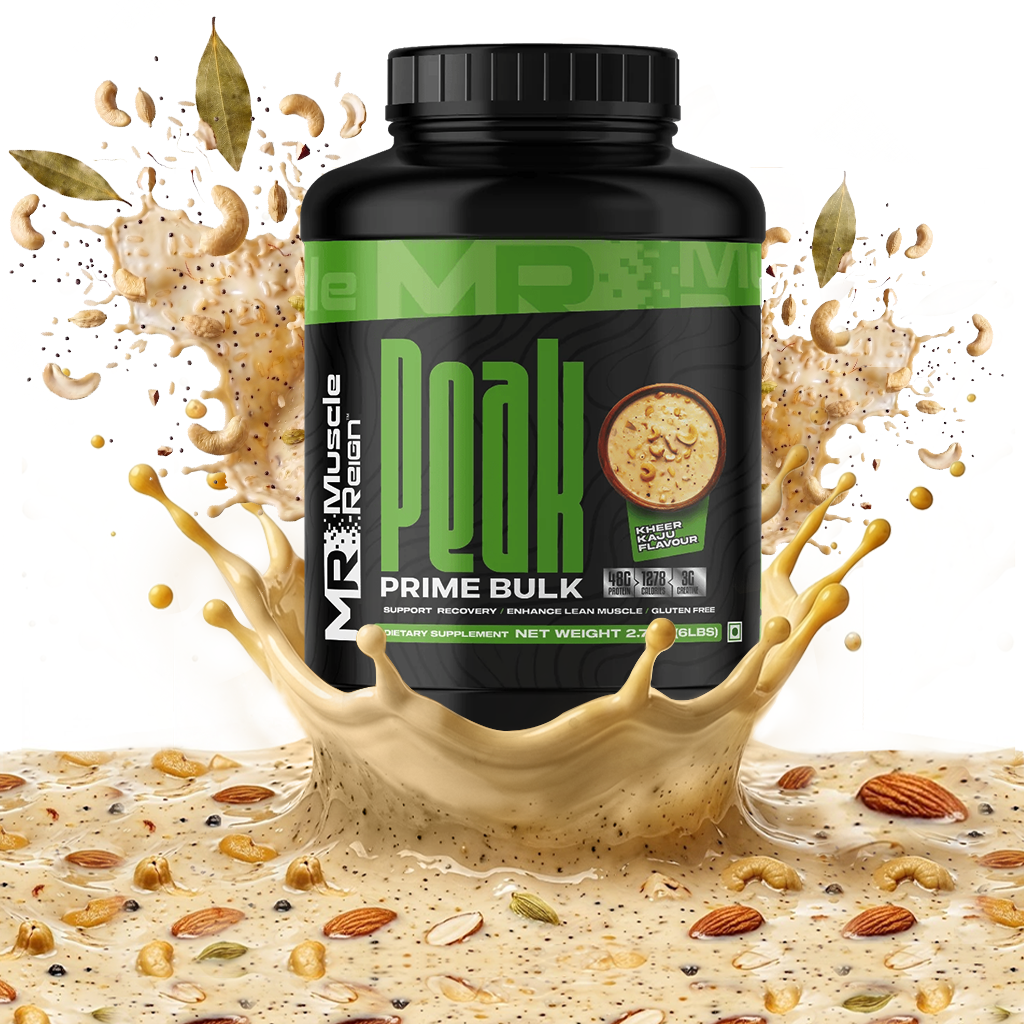 Muscle Reign Peak Prime Bulk Protein Supplement in Black Container with Protein Shake Splash