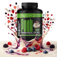 Muscle Reign Prime Bulk supplement in a black container surrounded by vibrant fruits and a splash of cream