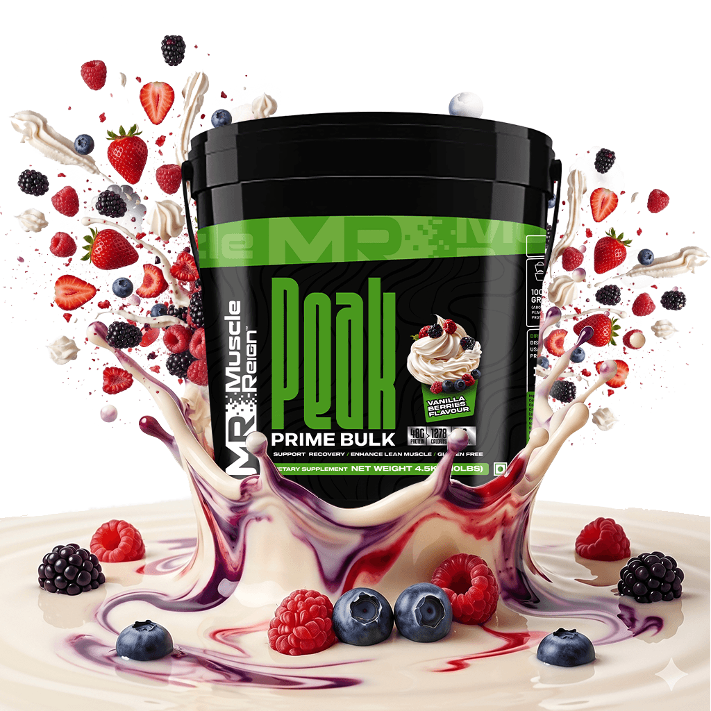 Muscle Reign Prime Bulk food supplement in a black container surrounded by berries and cream splashes