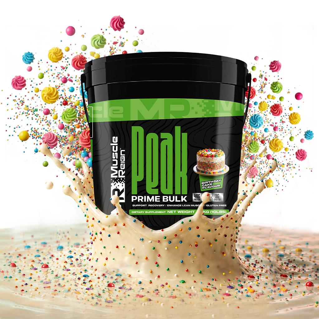 Muscle Reign Prime Bulk Food Supplement in a Black Container with Colorful Sprinkles and Milk Splash