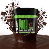 Muscle Reign Prime Bulk chocolate-flavored food supplement in a black container with a splash effect
